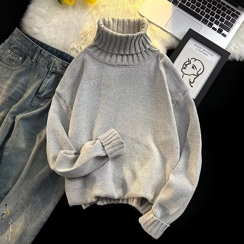 Men's Black Turtleneck Knitted Sweater Autumn Winter Loose Fit — feature 32