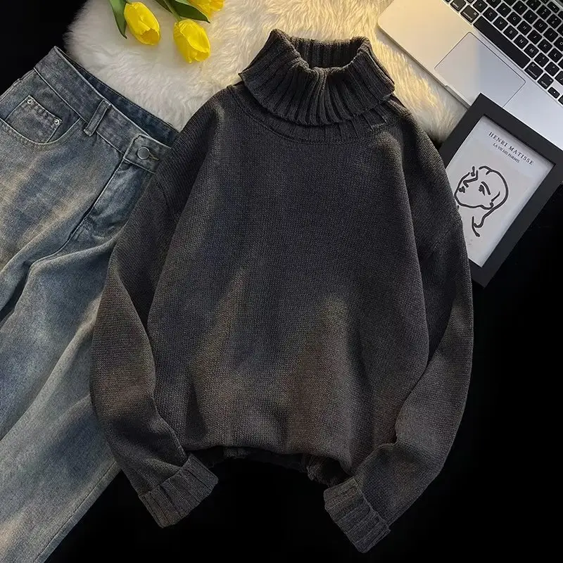 Men's Black Turtleneck Knitted Sweater Autumn Winter Loose Fit — feature 33