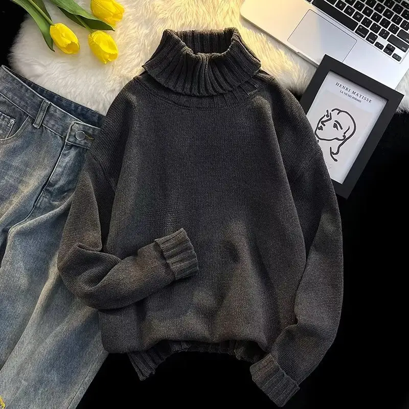 Men's Black Turtleneck Knitted Sweater Autumn Winter Loose Fit — feature 34