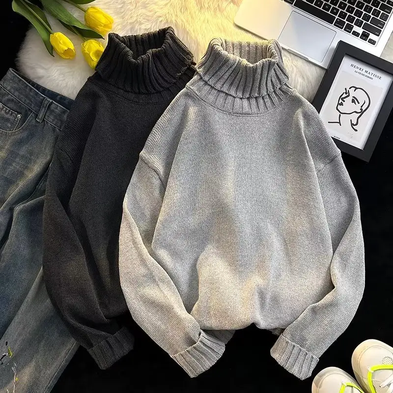 Men's Black Turtleneck Knitted Sweater Autumn Winter Loose Fit — feature 35