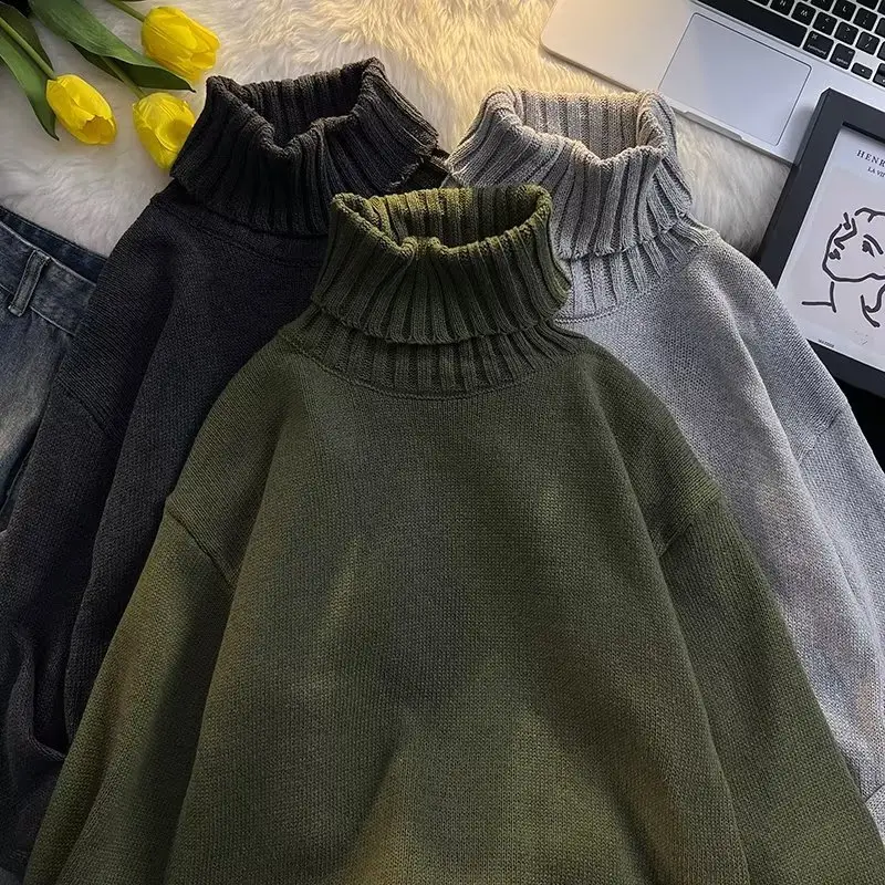 Men's Black Turtleneck Knitted Sweater Autumn Winter Loose Fit — feature 36