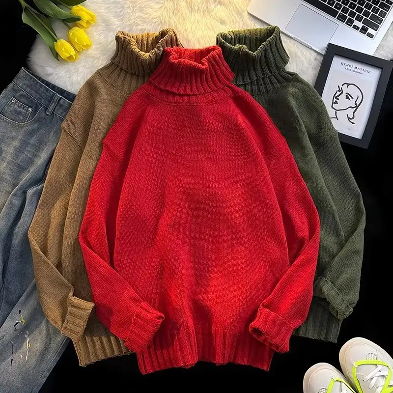 Men's Black Turtleneck Knitted Sweater Autumn Winter Loose Fit — feature 37