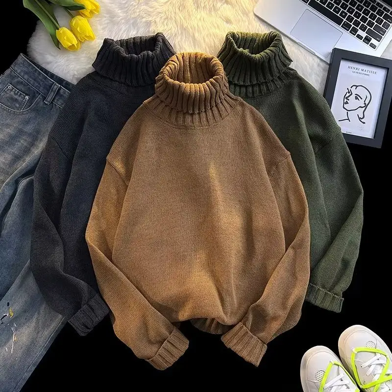 Men's Black Turtleneck Knitted Sweater Autumn Winter Loose Fit — feature 39
