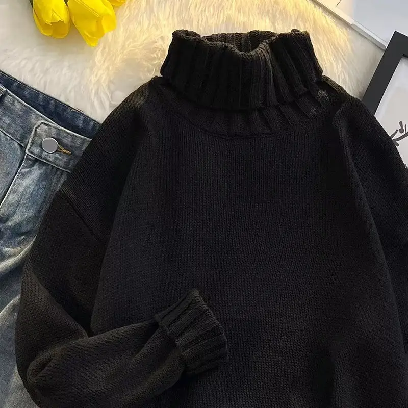 Men's Black Turtleneck Knitted Sweater Autumn Winter Loose Fit — feature 44