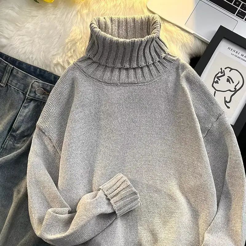 Men's Black Turtleneck Knitted Sweater Autumn Winter Loose Fit — feature 48