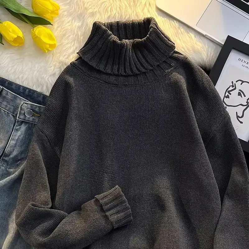 Men's Black Turtleneck Knitted Sweater Autumn Winter Loose Fit — feature 49