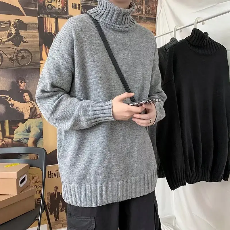 Men's Black Turtleneck Knitted Sweater Autumn Winter Loose Fit — feature 8