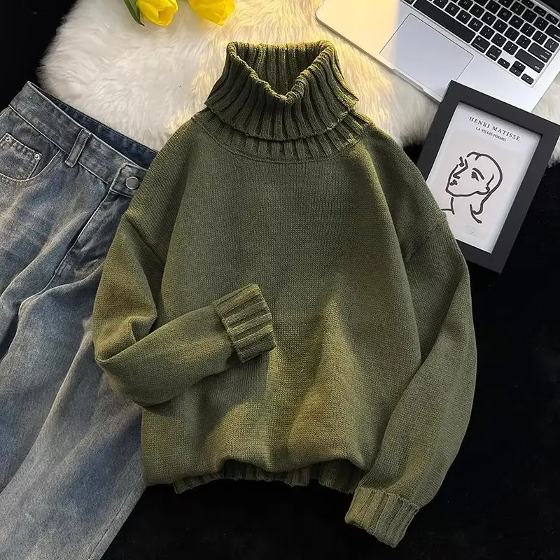 Men's Black Turtleneck Knitted Sweater Autumn Winter Loose Fit - Image 10
