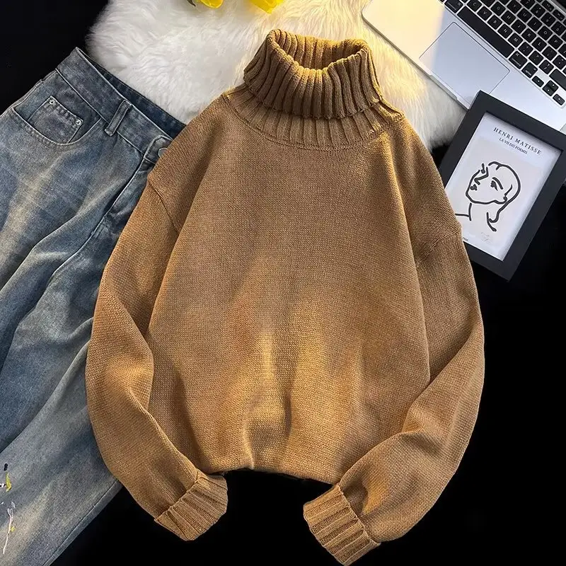 Men's Black Turtleneck Knitted Sweater Autumn Winter Loose Fit - Image 8