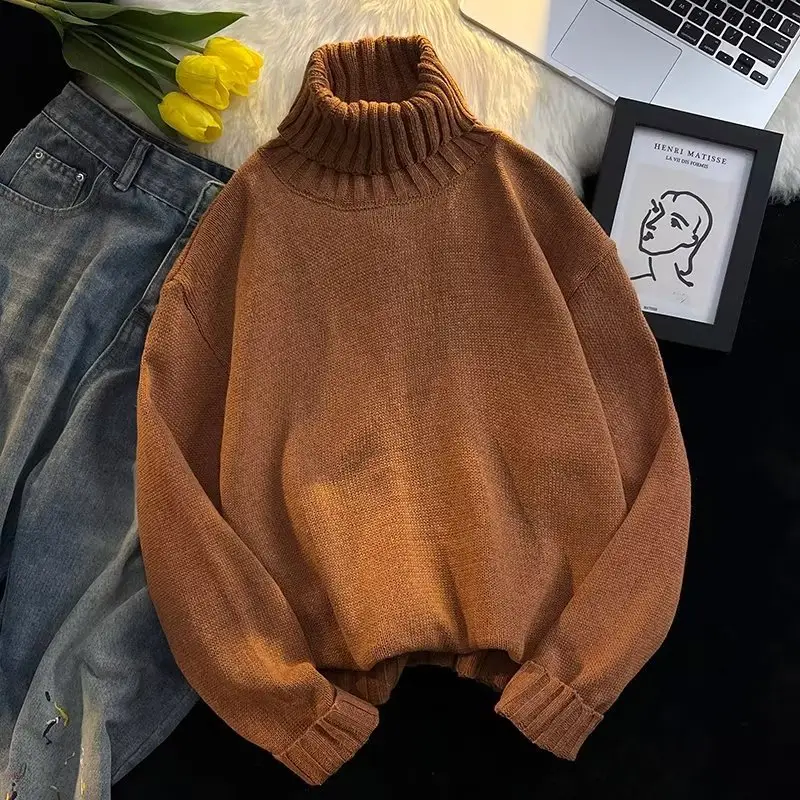 Men's Black Turtleneck Knitted Sweater Autumn Winter Loose Fit - Image 9