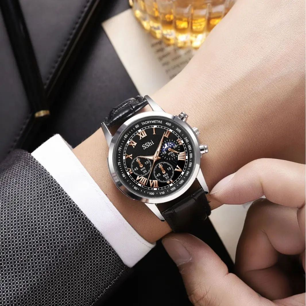 Sshi Chronograph Watch Black Leather Band Quartz Sport - Image 5