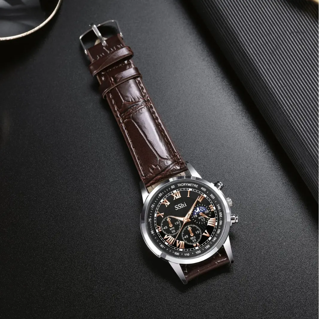 Sshi Chronograph Watch Black Leather Band Quartz Sport - Image 6