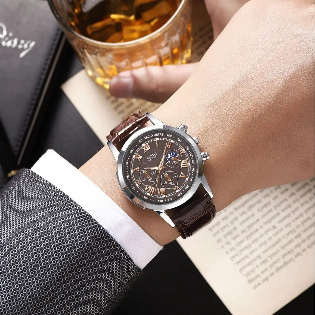 Sshi Chronograph Watch Black Leather Band Quartz Sport - Image 7