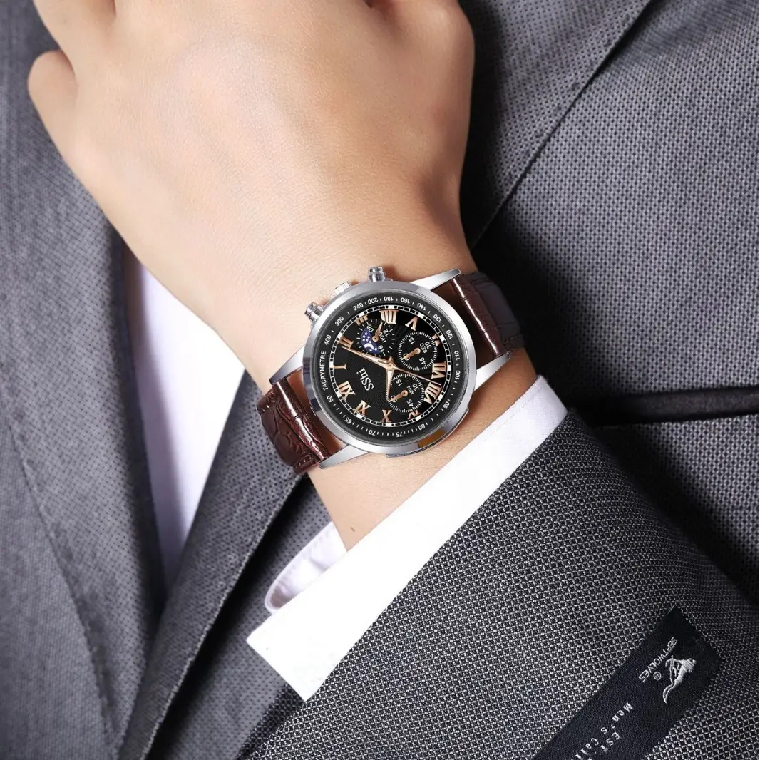 Sshi Chronograph Watch Black Leather Band Quartz Sport - Image 8