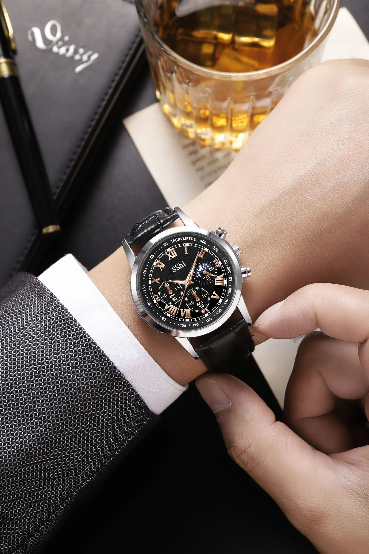 Sshi Chronograph Watch Black Leather Band Quartz Sport — feature 2