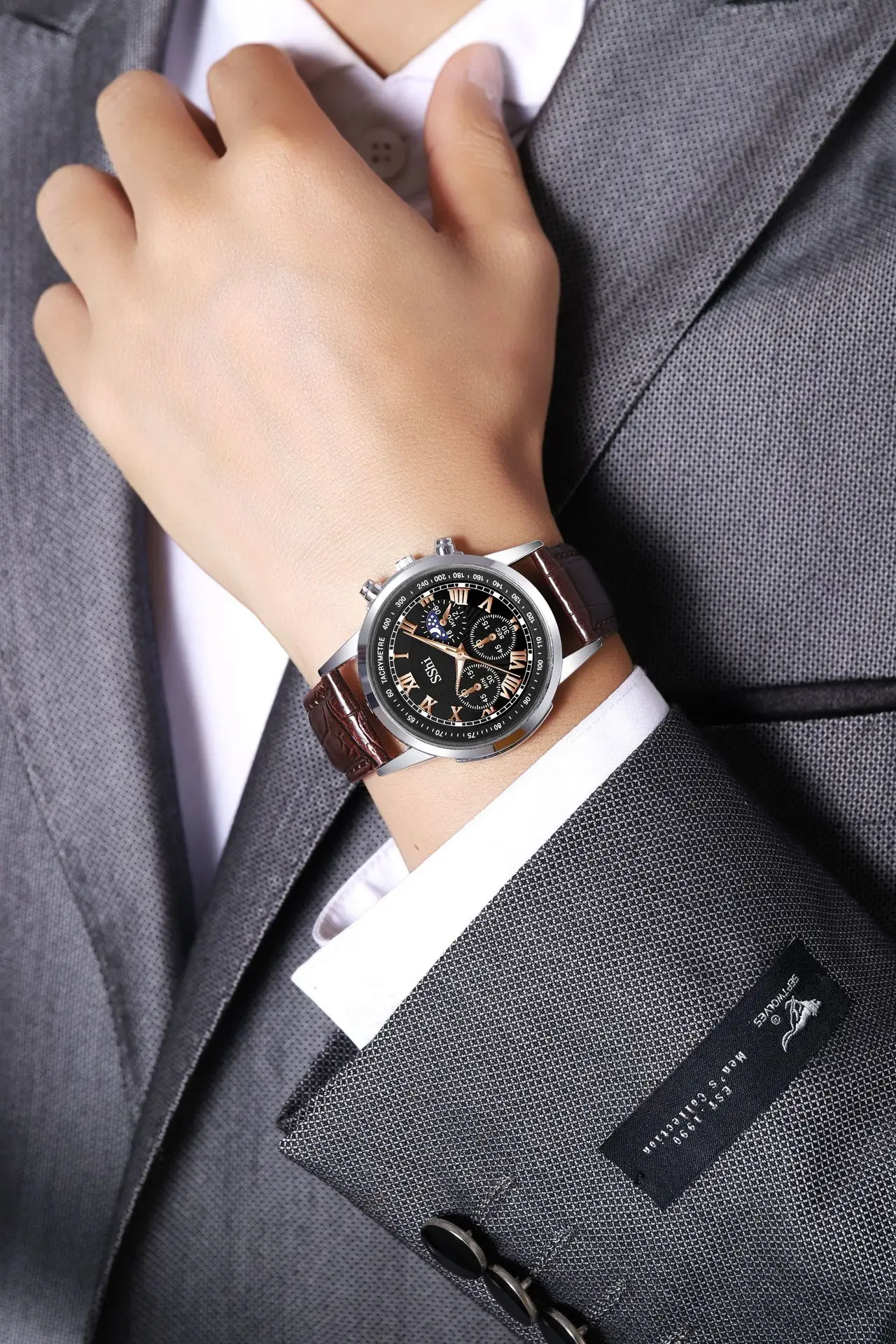 Sshi Chronograph Watch Black Leather Band Quartz Sport — feature 3
