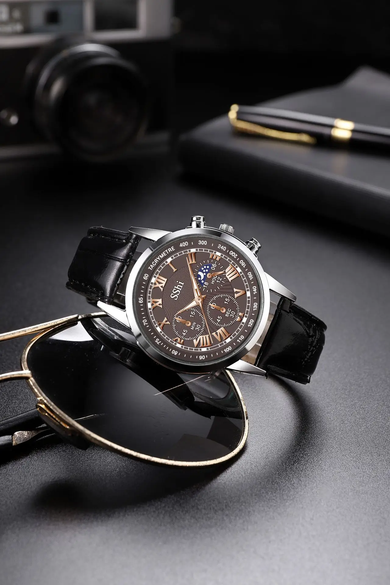 Sshi Chronograph Watch Black Leather Band Quartz Sport — feature 5