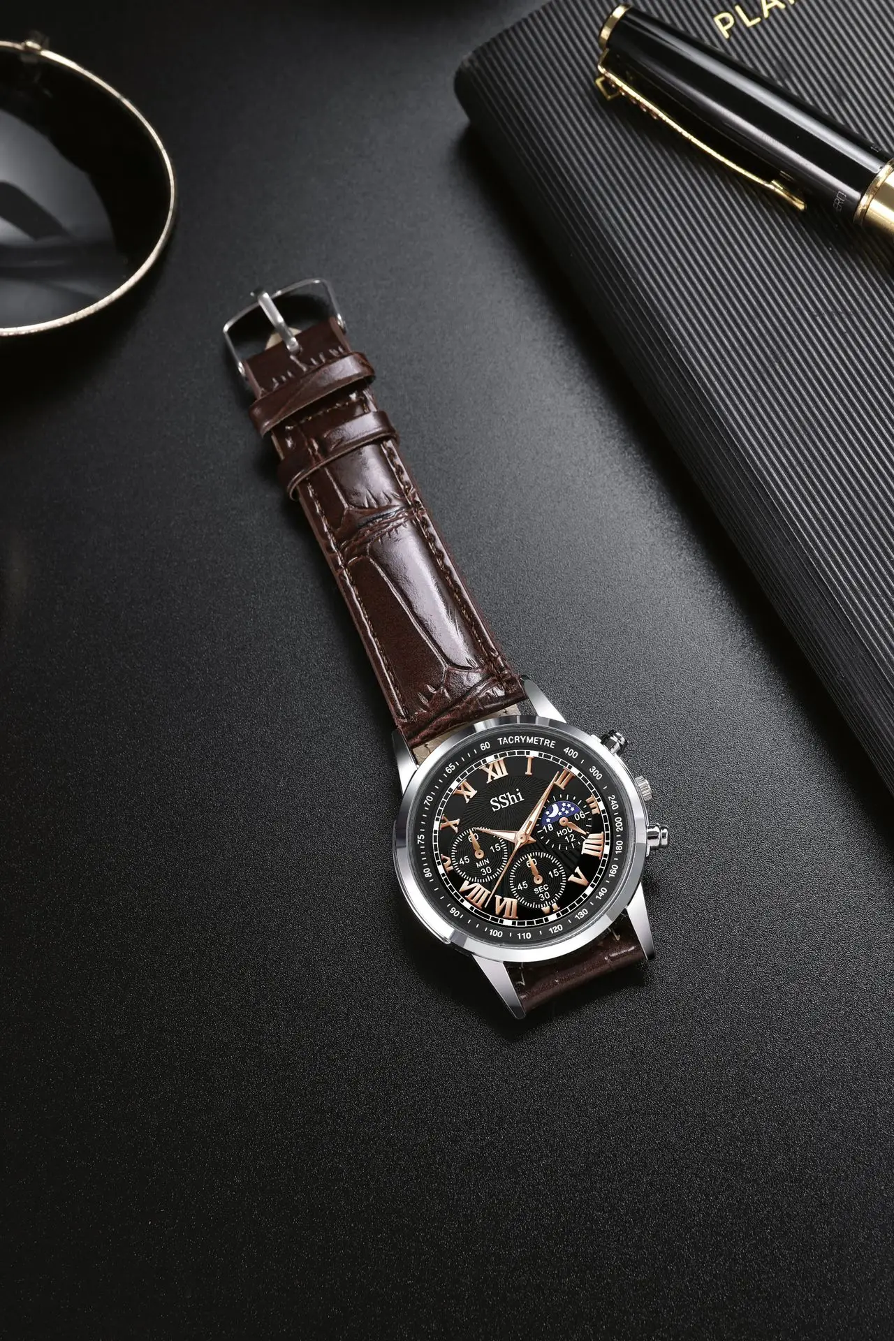 Sshi Chronograph Watch Black Leather Band Quartz Sport — feature 6