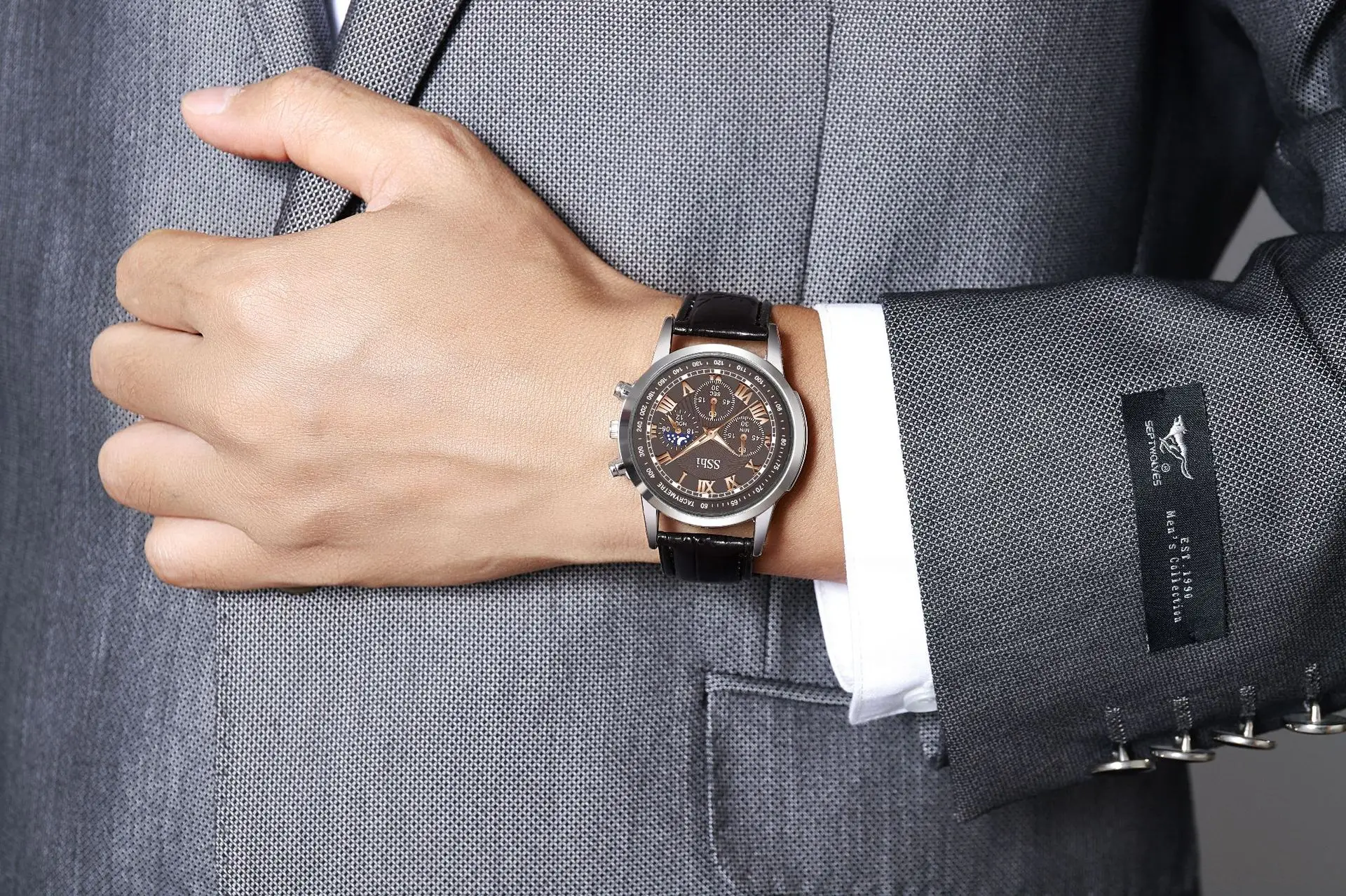 Sshi Chronograph Watch Black Leather Band Quartz Sport — feature 7