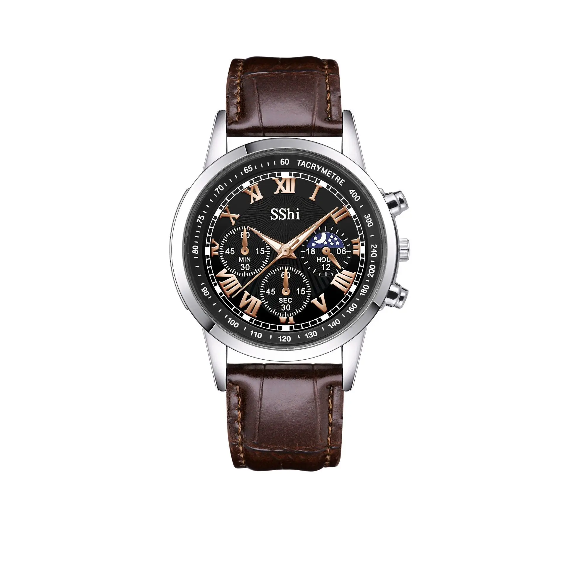 Sshi Chronograph Watch Black Leather Band Quartz Sport - Image 2