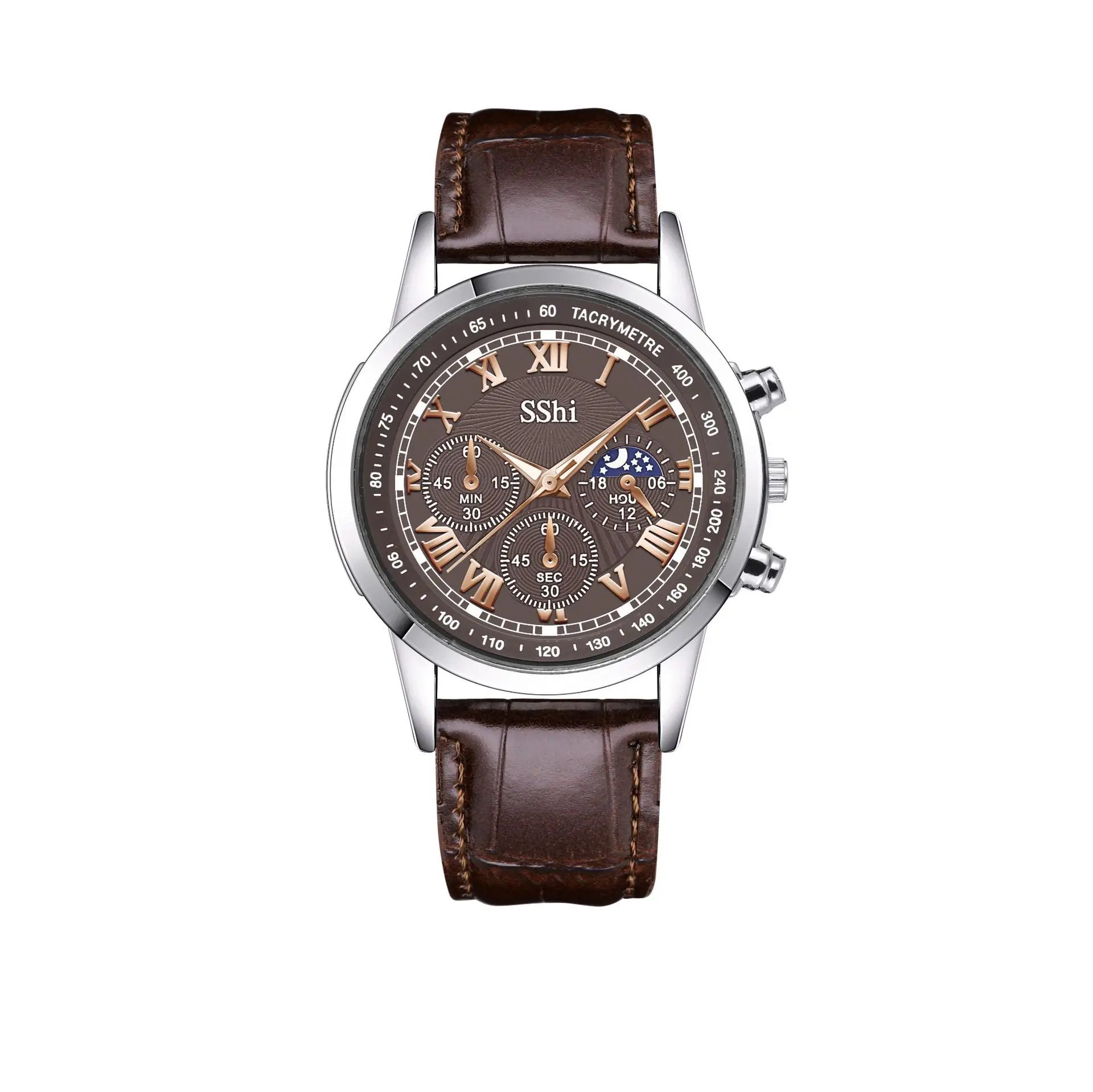 Sshi Chronograph Watch Black Leather Band Quartz Sport - Image 3