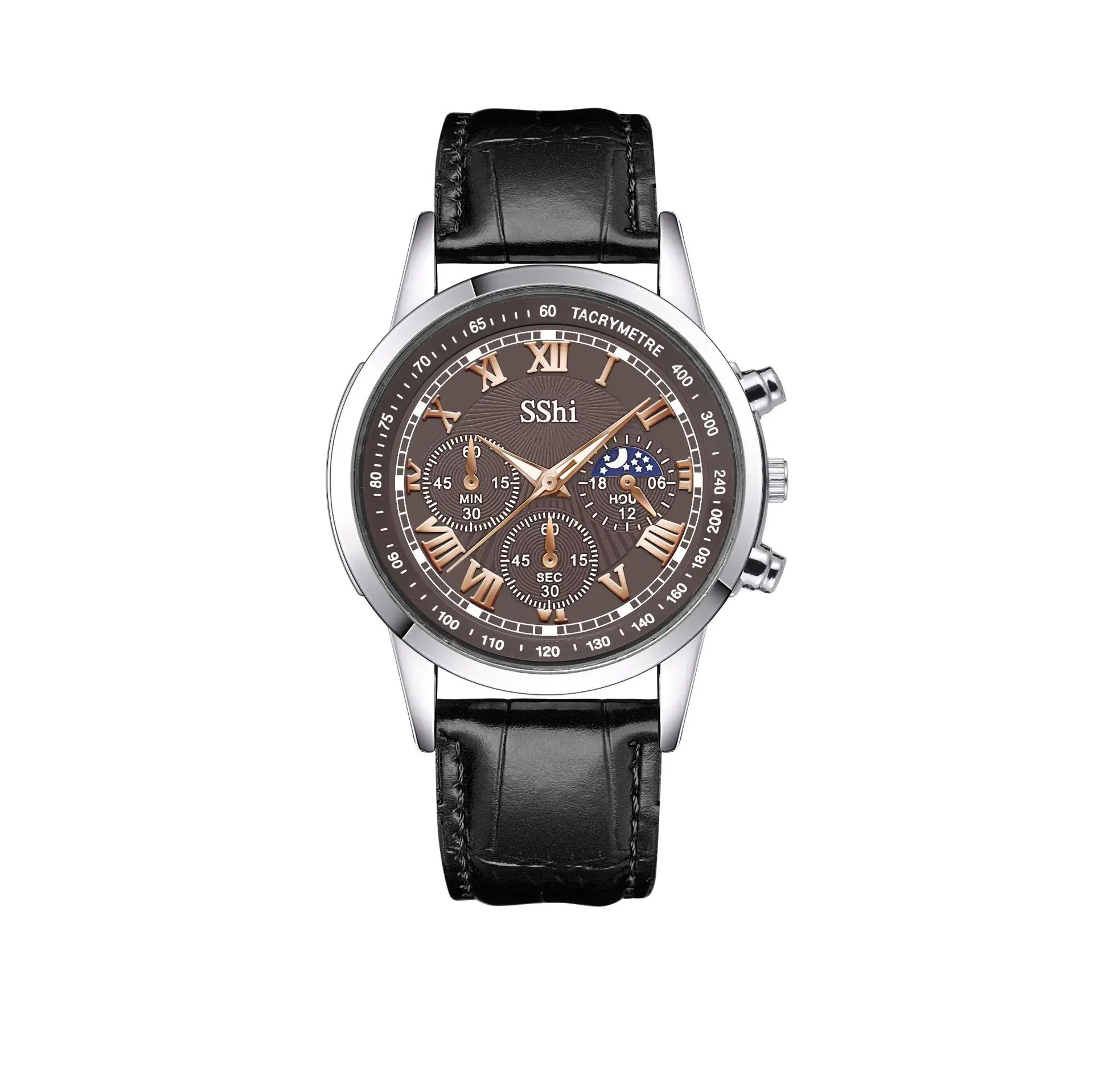 Sshi Chronograph Watch Black Leather Band Quartz Sport - Image 4