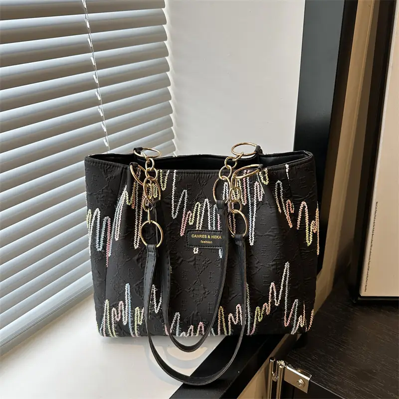 Black Canvas Striped Shoulder Bag for Women 2024