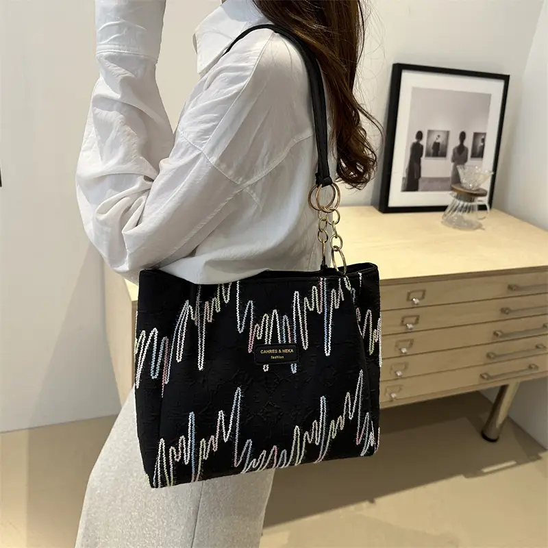Black Canvas Striped Shoulder Bag for Women 2024