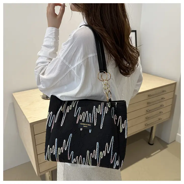 Black Canvas Striped Shoulder Bag for Women 2024 — feature 49