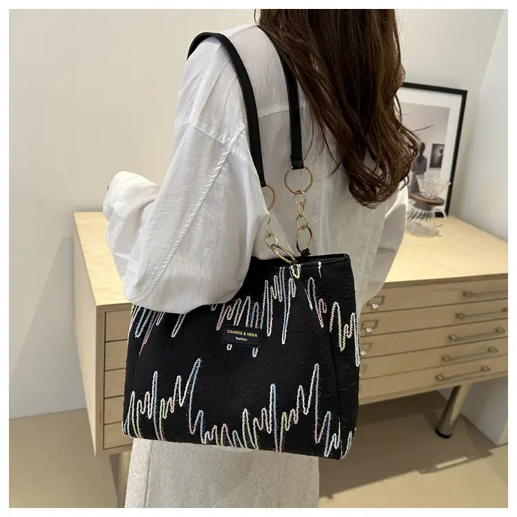 Black Canvas Striped Shoulder Bag for Women 2024 — feature 50