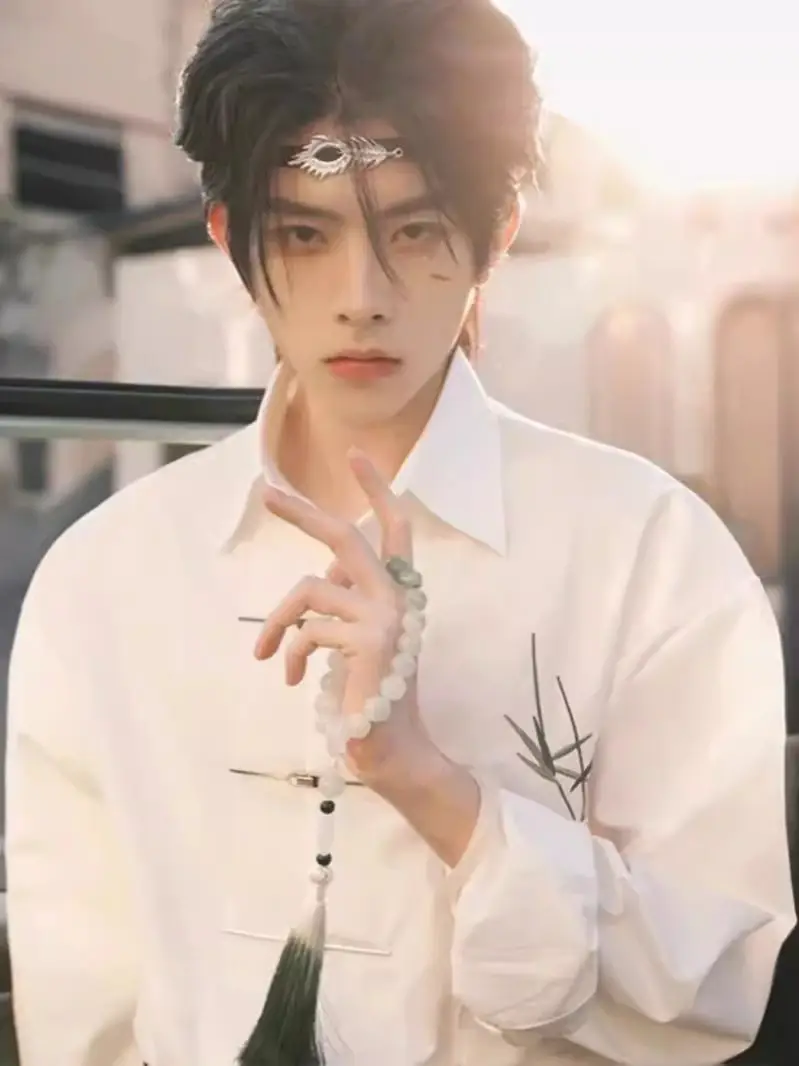 Chinese Style Men's Black Embroidered Shirt with Horse Face Design