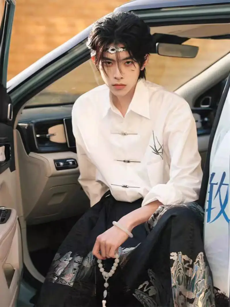 Chinese Style Men's Black Embroidered Shirt with Horse Face Design