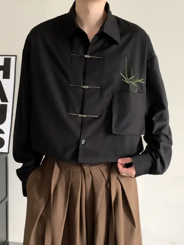 Chinese Style Men's Black Embroidered Shirt with Horse Face Design
