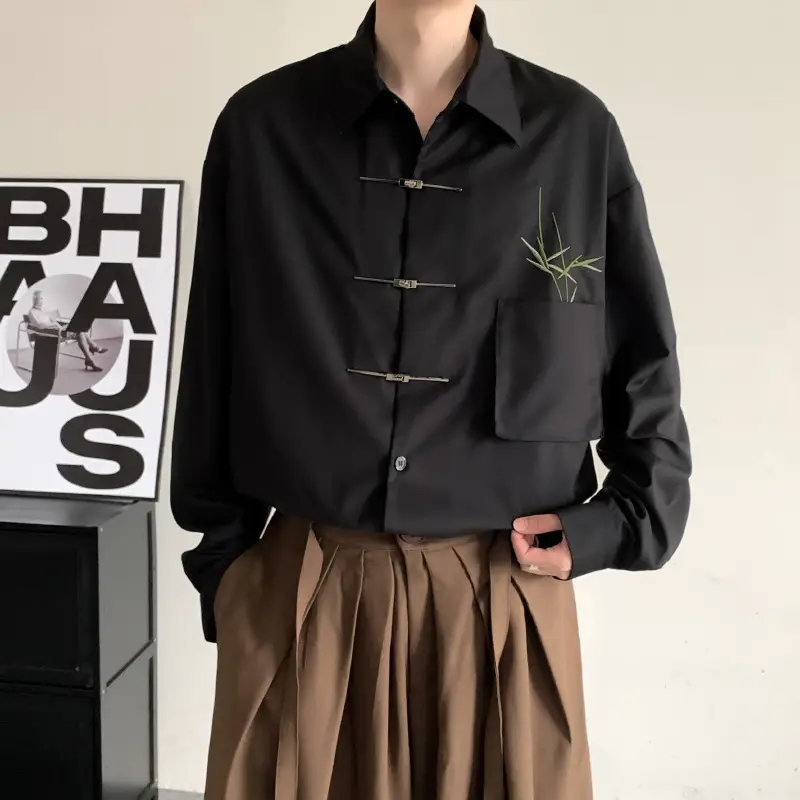 Chinese Style Men's Black Embroidered Shirt with Horse Face Design