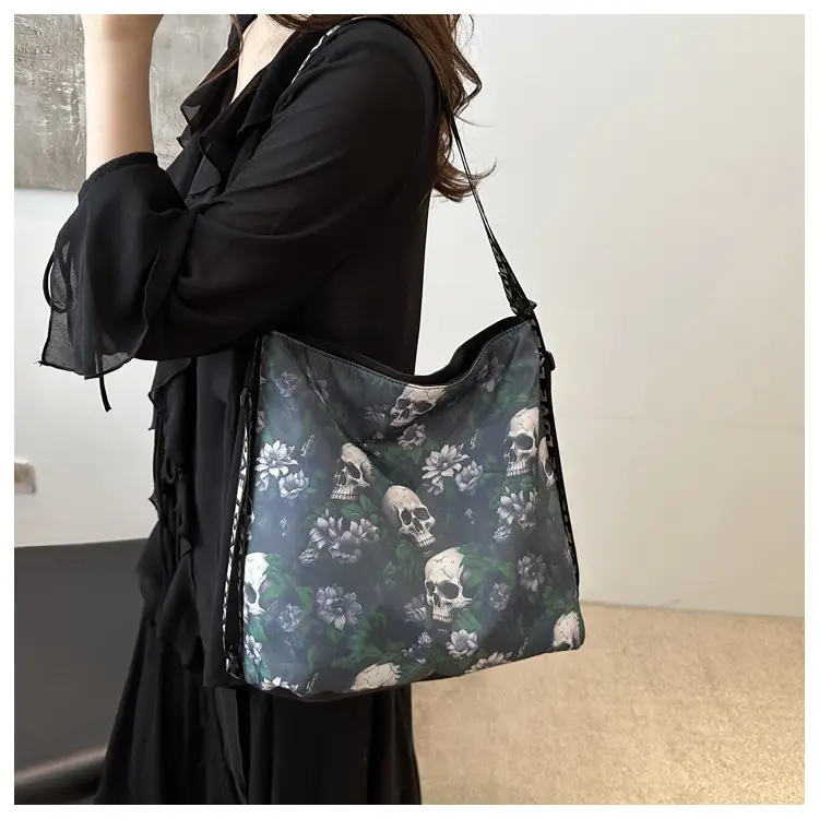 Women's Skull Print Shoulder Bag with "Love I Love" Band — feature 11