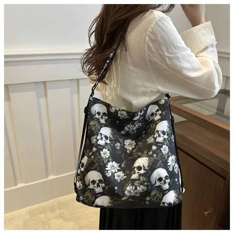 Women's Skull Print Shoulder Bag with "Love I Love" Band — feature 17