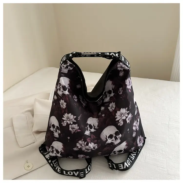 Women's Skull Print Shoulder Bag with "Love I Love" Band — feature 24