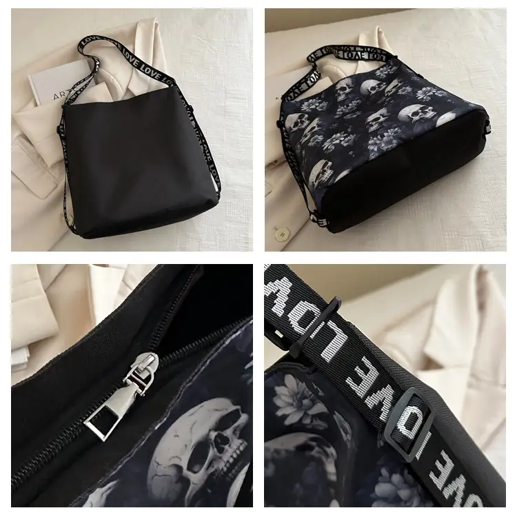 Women's Skull Print Shoulder Bag with "Love I Love" Band — feature 9