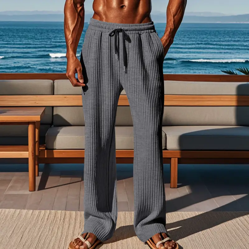 Men Striped Ribbed Pants Grey Wide Leg Casual - Image 10