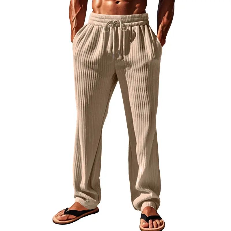 Men Striped Ribbed Pants Grey Wide Leg Casual - Image 13