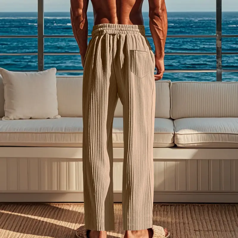 Men Striped Ribbed Pants Grey Wide Leg Casual — feature 15