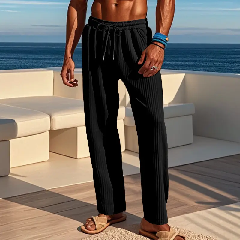 Men Striped Ribbed Pants Grey Wide Leg Casual — feature 17