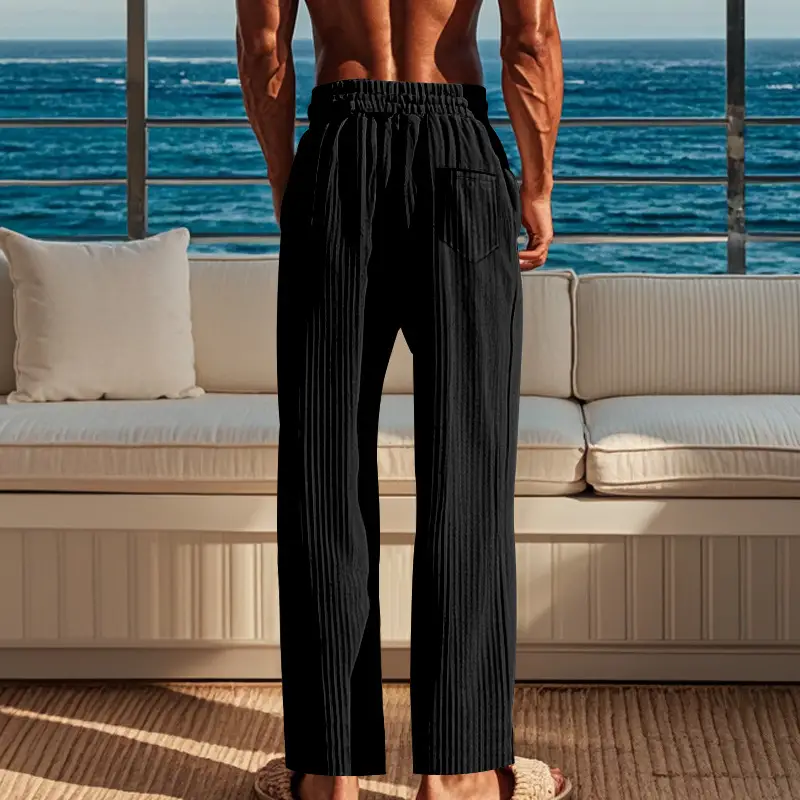 Men Striped Ribbed Pants Grey Wide Leg Casual — feature 18