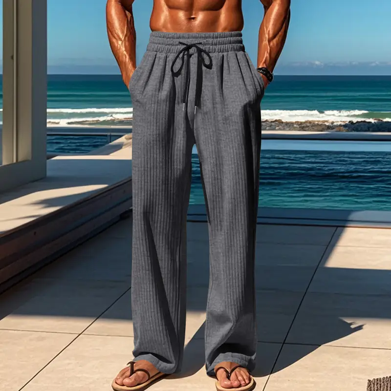 Men Striped Ribbed Pants Grey Wide Leg Casual — feature 19