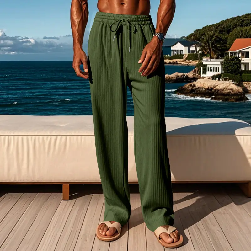 Men Striped Ribbed Pants Grey Wide Leg Casual — feature 20