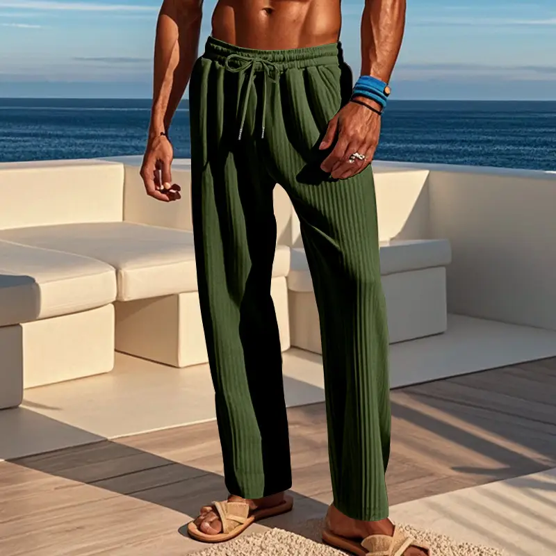 Men Striped Ribbed Pants Grey Wide Leg Casual — feature 21