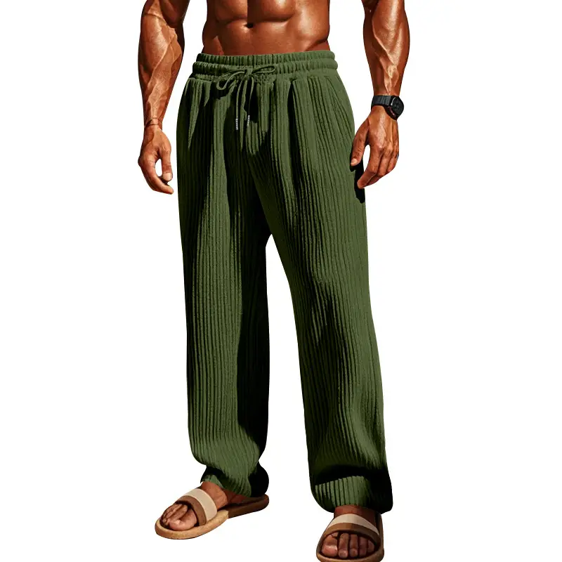 Men Striped Ribbed Pants Grey Wide Leg Casual — feature 22