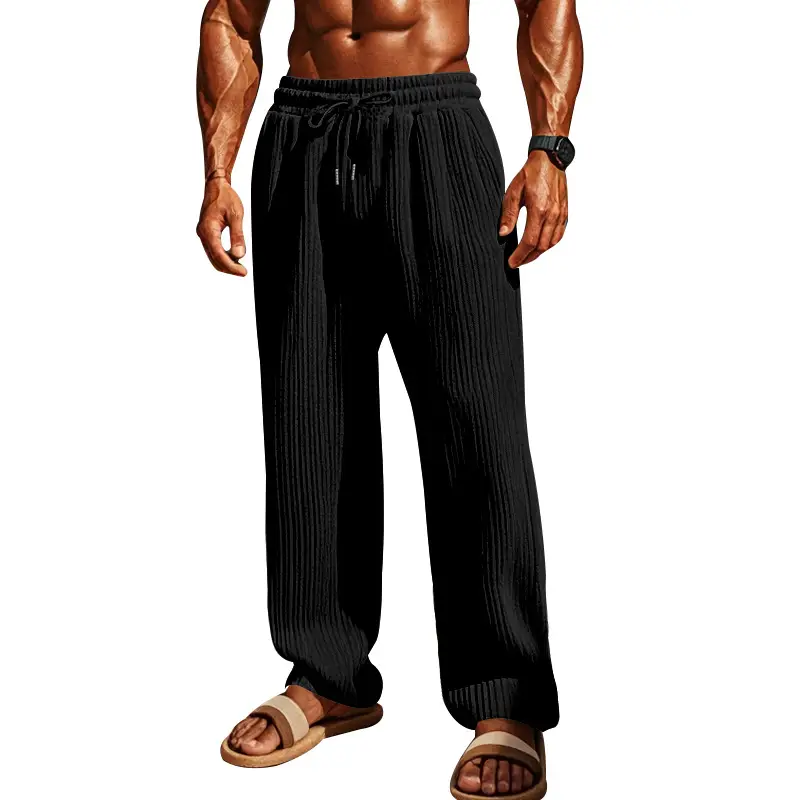 Men Striped Ribbed Pants Grey Wide Leg Casual — feature 23