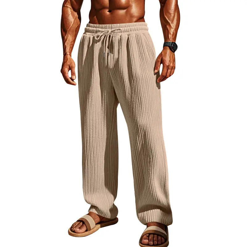 Men Striped Ribbed Pants Grey Wide Leg Casual — feature 9