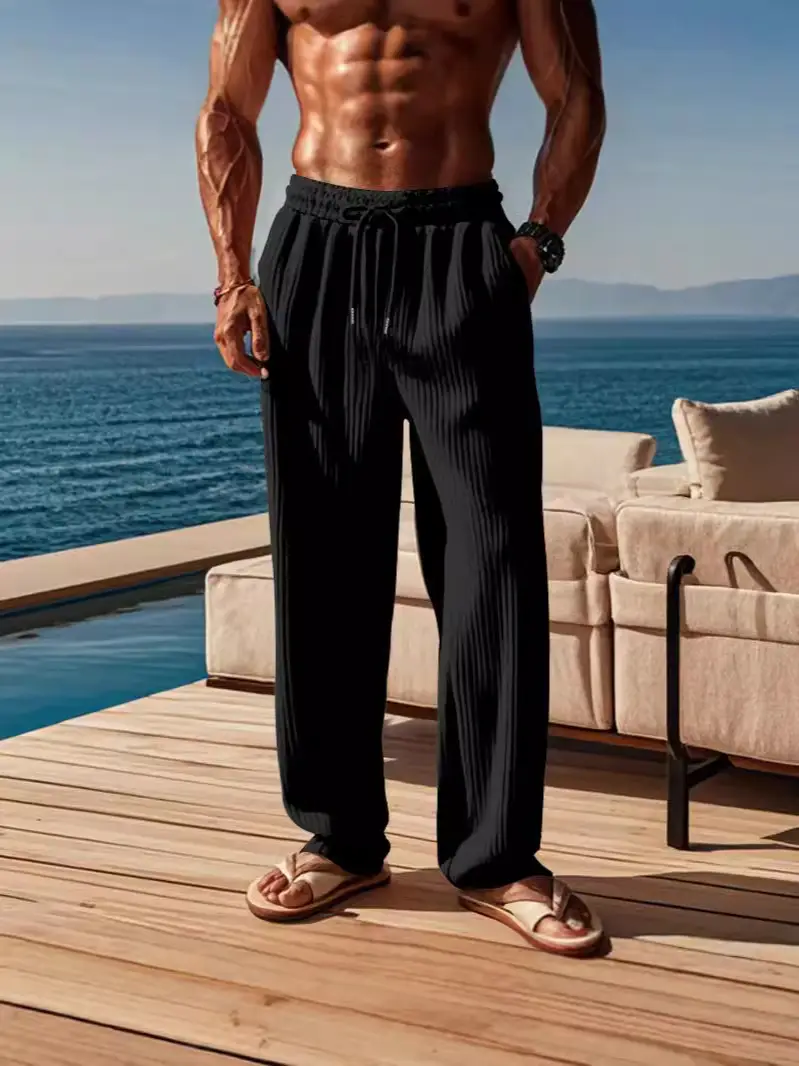 Men Striped Ribbed Pants Grey Wide Leg Casual - Image 2